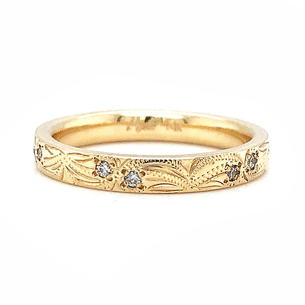 Yellow Gold & Diamond Engraved Band - "Lily"