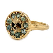 Yellow Gold & Ceylon Sapphire Gold Skull Ring - "Green Mist"