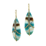 18K yellow gold blue opal and petrified wood dangle earrings