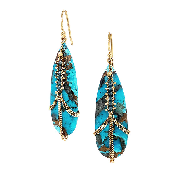 Amali 18K yellow gold elongated blue copper turquoise draped earrings with blue diamond rondelles 