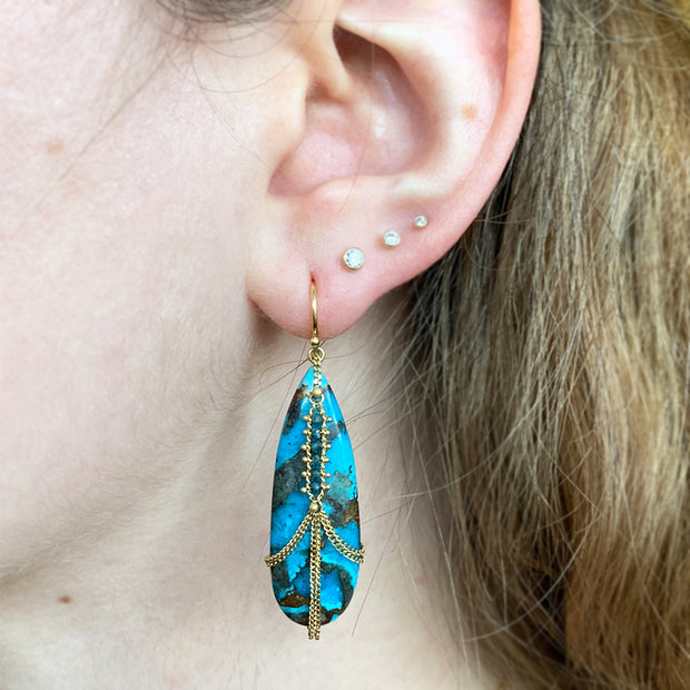 Amali 18K yellow gold elongated blue copper turquoise draped earrings with blue diamond rondelles model