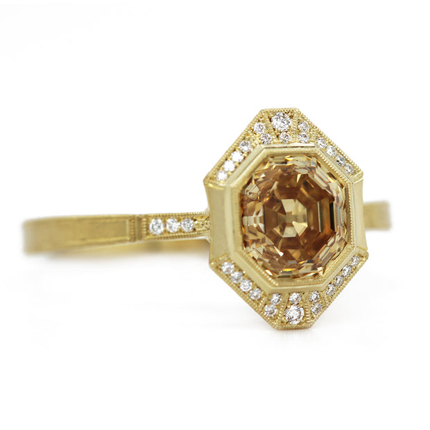 Yellow Gold & Fancy Brown/Yellow Diamond Engagement Ring - "Georgia Halo"