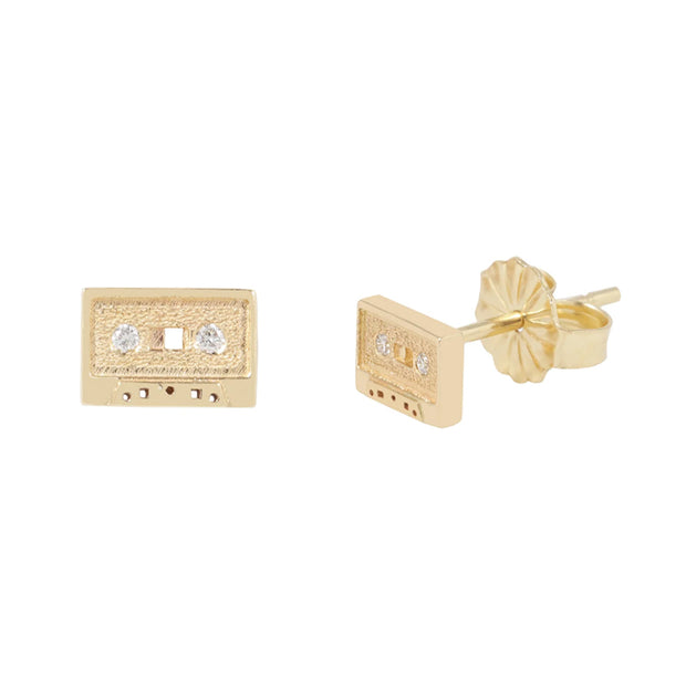 Yellow Gold & Diamond Casette Tape Studs - "Rewind"
