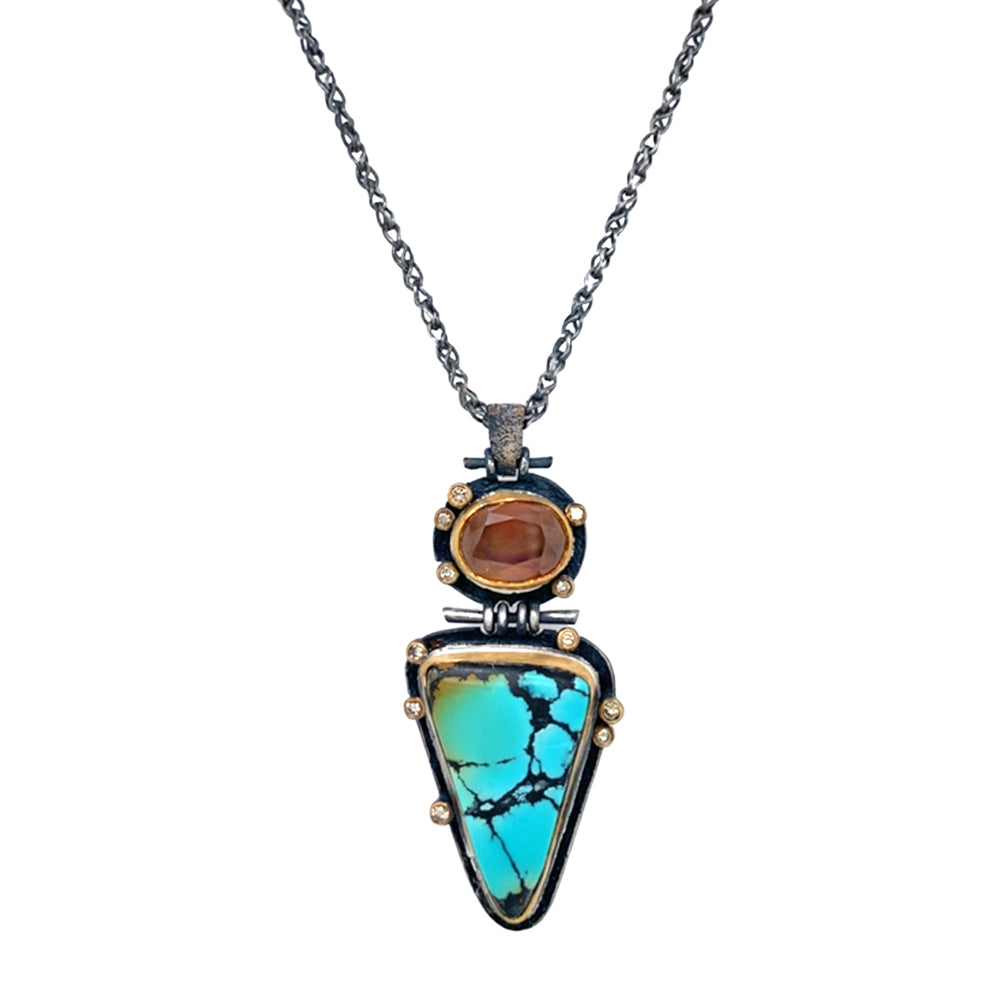 Turquoise, Cassiterite, & Diamond Necklace - 