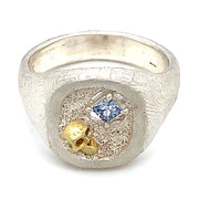 Sterling Silver & Gold Skull Sapphire Ring - "Allegory"
