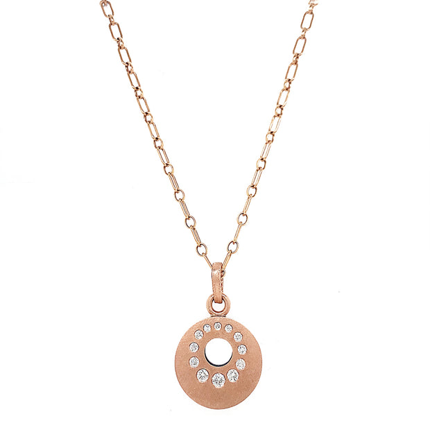 Rene Escobar 18K Rose Gold Diamond Circle Pendant with 18K Yellow Gold Retired Tiffany Chain Front