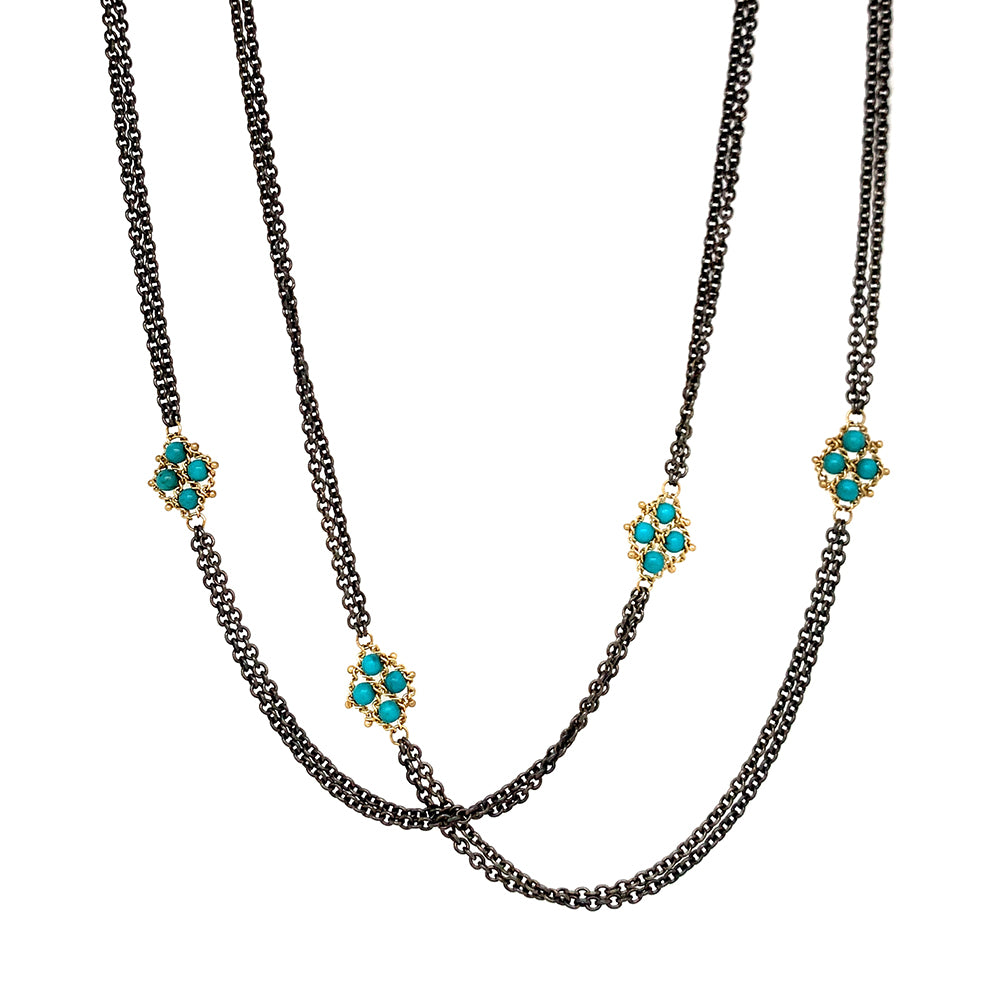 Turquoise Bead Textile Yellow Gold Station Necklace 