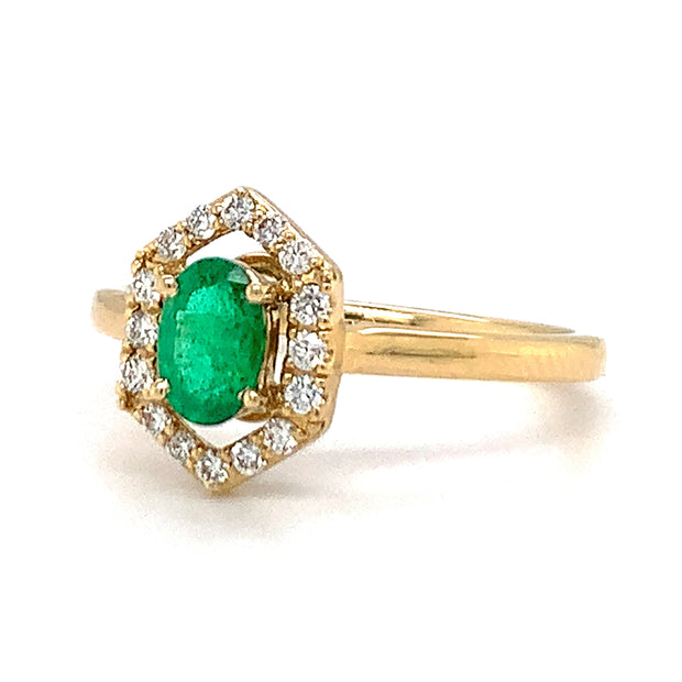 Oval Emerald, Diamond Halo, and 14K Yellow Gold Ring Quarter View