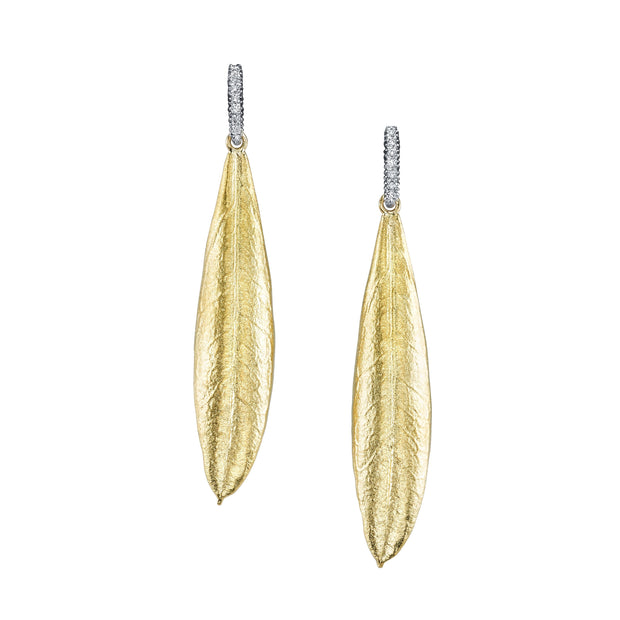 Yellow Gold and Diamond Earrings - "Athena Olive Leaves"