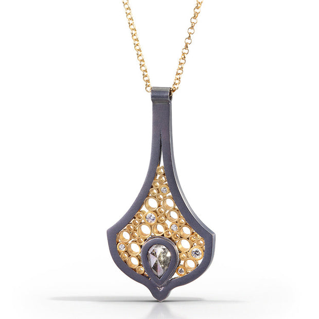 Blackened silver and yellow gold chandelier pendant with pear shaped diamond by Belle Brooke