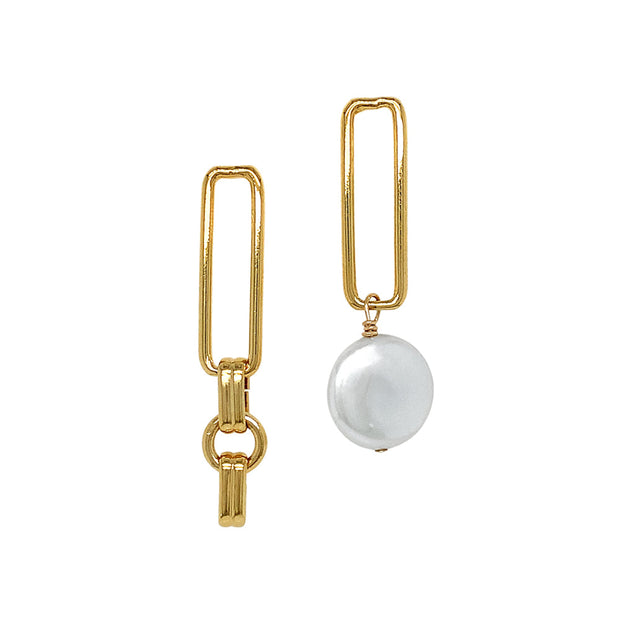 24K Yellow Gold Plated Asymmetrical Paperclip and Pearl Earrings - "Hope Asymmetrical"