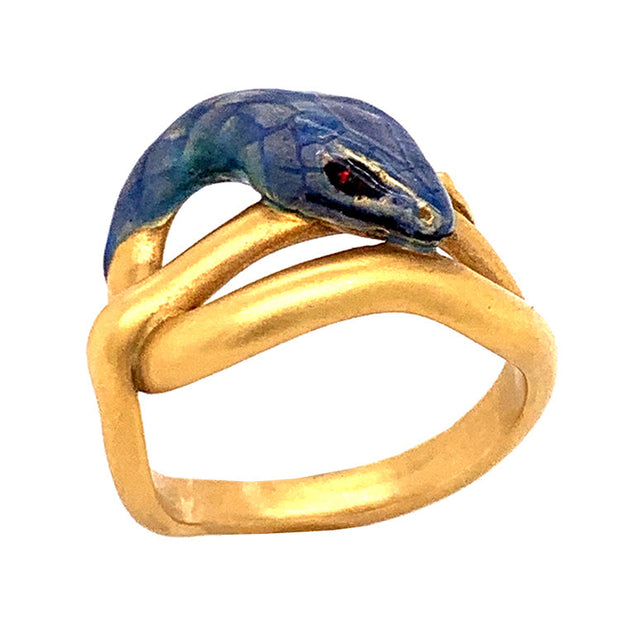 Yellow Gold and Enamel Ring- "The Blue Serpent"