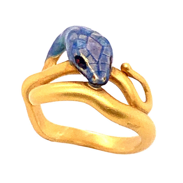 Masriera Art Nouveau Gold Plique-à-Jour Blue Enamel Snake Ring