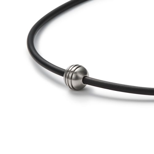 Stainless Steel Grooved Sphere Pendant on Black Rubber Cord