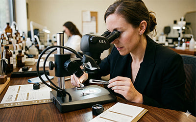 GIA Graduate Gemologist checking a loose diamond under a gem microscope against its GIA Diamond Report