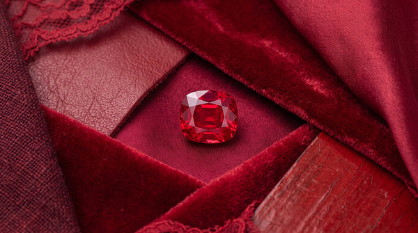 pigeon blood ruby color on red fabric alara jewelry bozeman montana