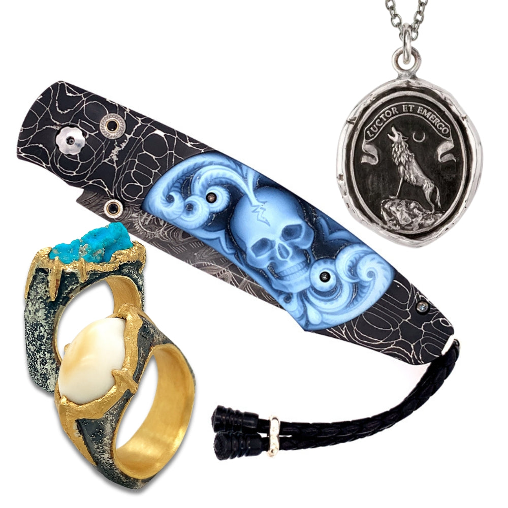 turquoise mens ring elk ivory mens ring skull cameo knife howling wolf talisman pendant