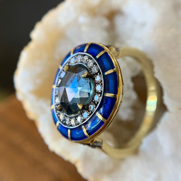 Montana Sapphire, Diamond, & Enamel Ring - "Rock Candy Ocean Mosaic"