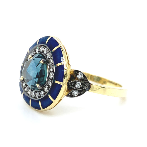 Montana Sapphire, Diamond, & Enamel Ring - "Rock Candy Ocean Mosaic"