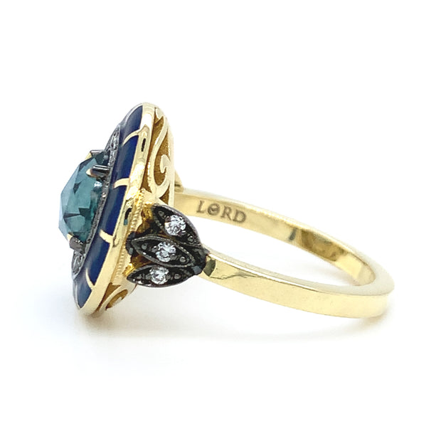 Montana Sapphire, Diamond, & Enamel Ring - "Rock Candy Ocean Mosaic"