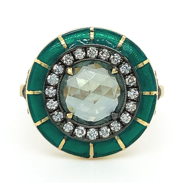 Montana Sapphire, Diamond & Enamel Ring - "Rock Candy Succulent Paradise"