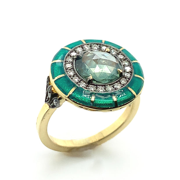 Montana Sapphire, Diamond & Enamel Ring - "Rock Candy Succulent Paradise"