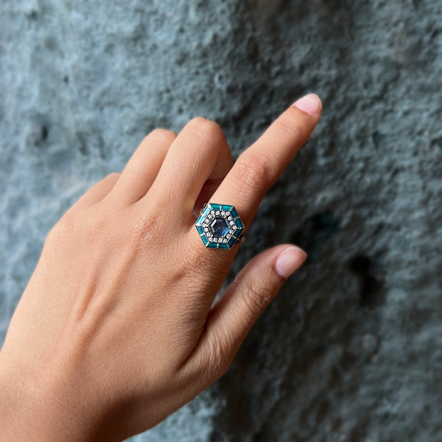 Montana Sapphire, Diamond & Enamel Ring - "Rock Candy Lush Oasis"