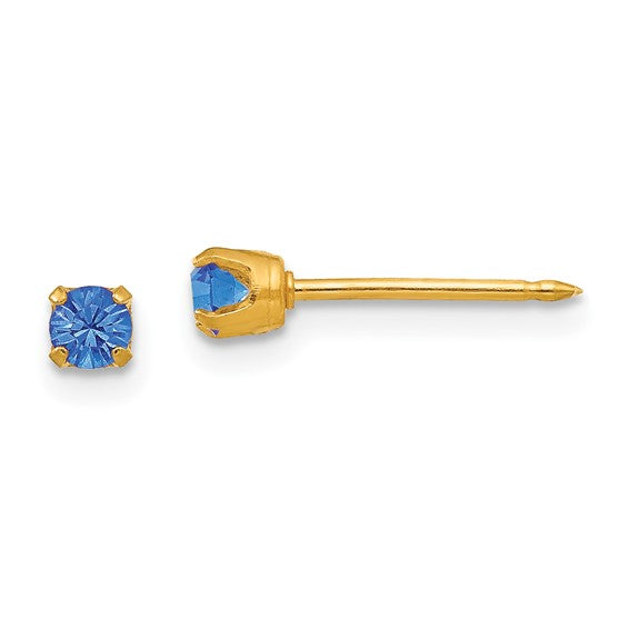 "September" Blue Crystal Piercing Studs in 14K Yellow Gold