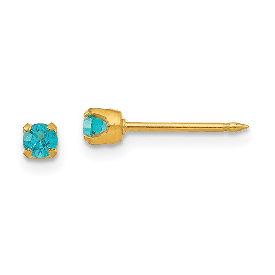 "December" Teal Blue Crystal Piercing Studs in 14K Yellow Gold