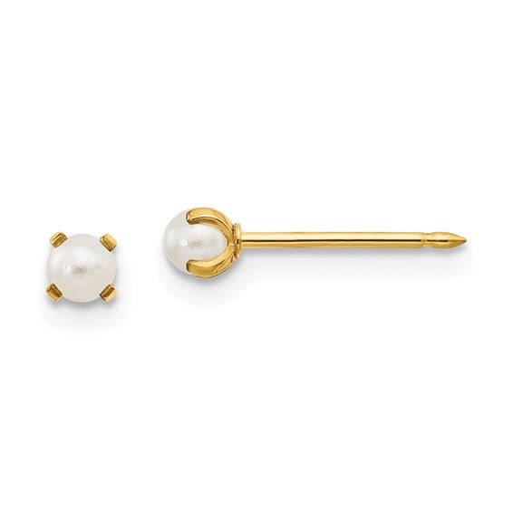 "June" Simulated White Pearl Piercing Studs in 14K Yellow Gold