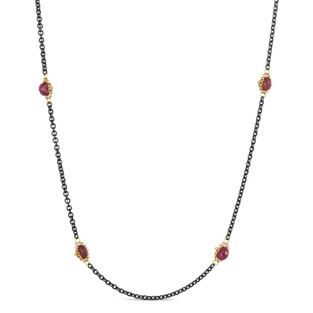 Faceted Ruby Silver & Gold Station Necklace - "Islands of Ruby"