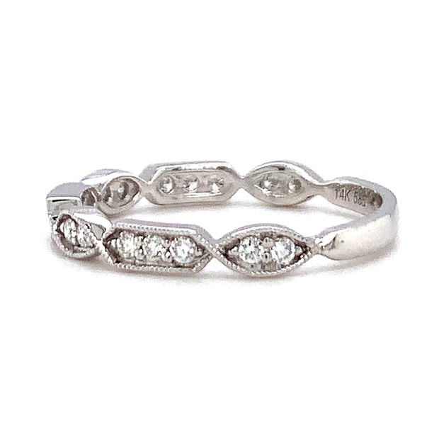 Diamond & 14K White Gold Milgrain Band with Hexagon and Marquise Motifs Side