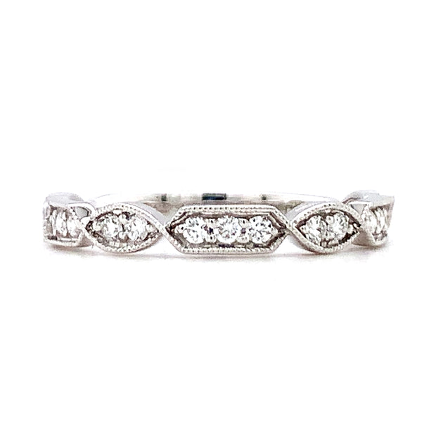 Diamond & 14K White Gold Milgrain Band with Hexagon and Marquise Motifs Front
