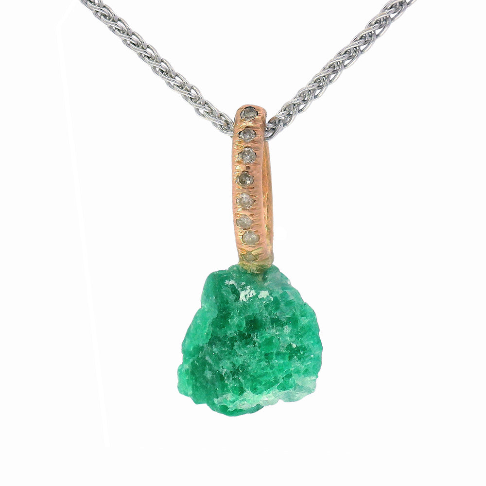 Rough Emerald, Diamond, & Rose Gold Pendant - "Esmeralda"