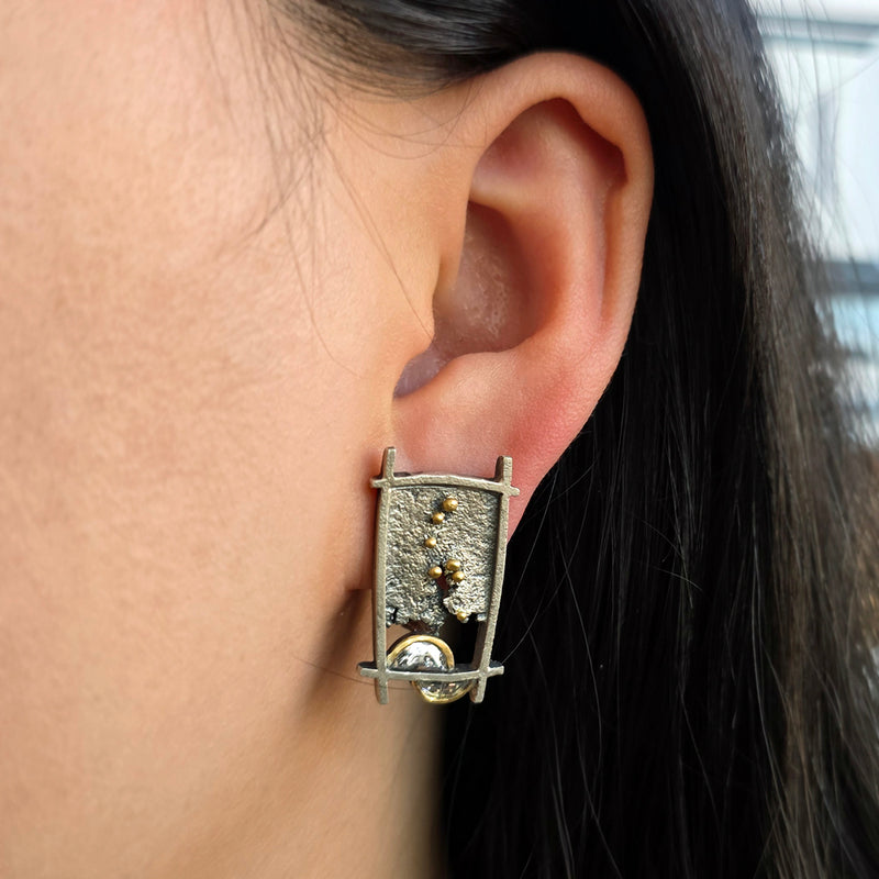 Natural Half-Moon Diamond Stud Earrings in Silver- "Shoji Lantern"