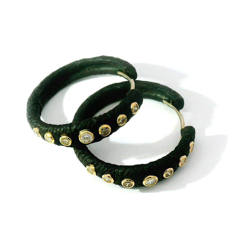 Oxidized Chrome and Diamond Hoops - "Pebble Bold"