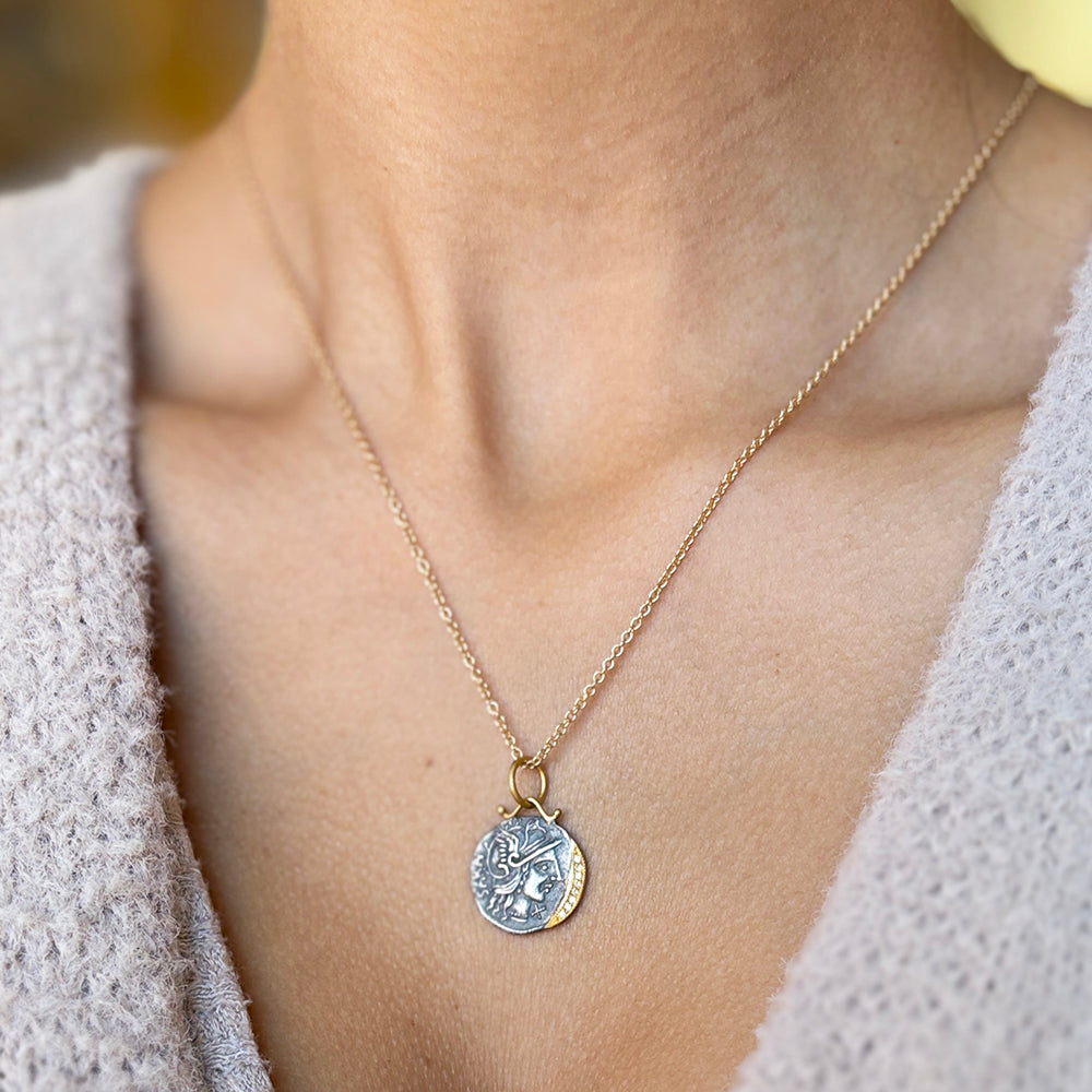 Sterling Silver, Yellow Gold & Diamond Coin Pendant - "Roman Soldier"