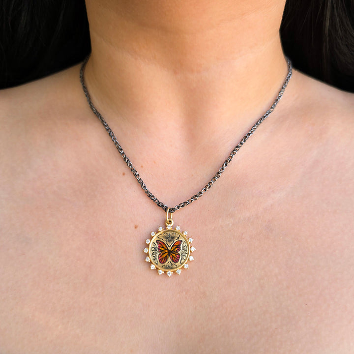 Gold Pendant With Enamel & Diamonds - "Farfalla"