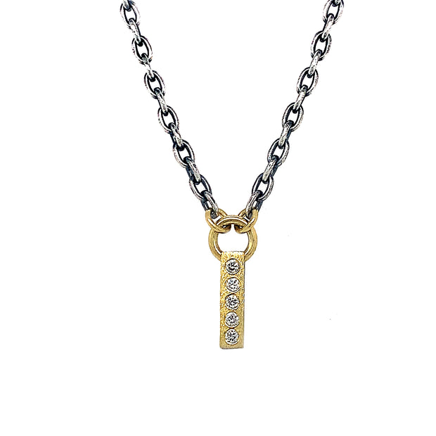 Rene Escobar 18K Yellow Gold 5 Diamond Pendant and Oxidized Sterling Silver Chain Necklace Close Up
