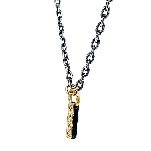 Rene Escobar 18K Yellow Gold 5 Diamond Pendant and Oxidized Sterling Silver Chain Necklace Side