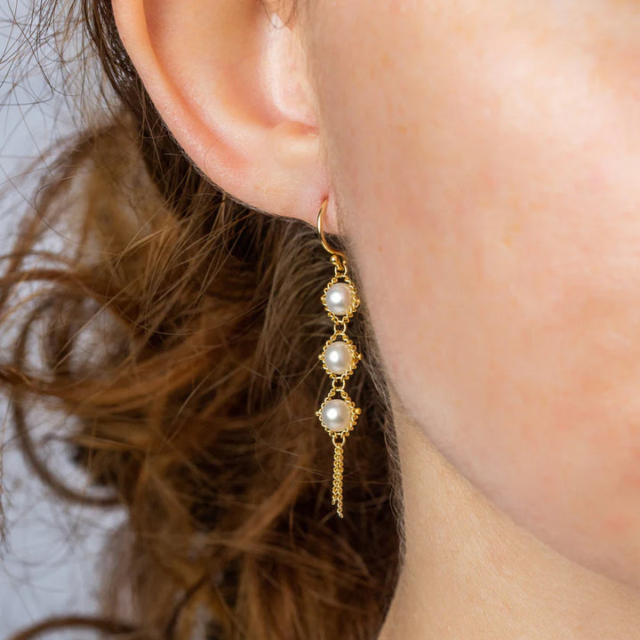 Freshwater Pearl & Gold Textile Drop Earrings