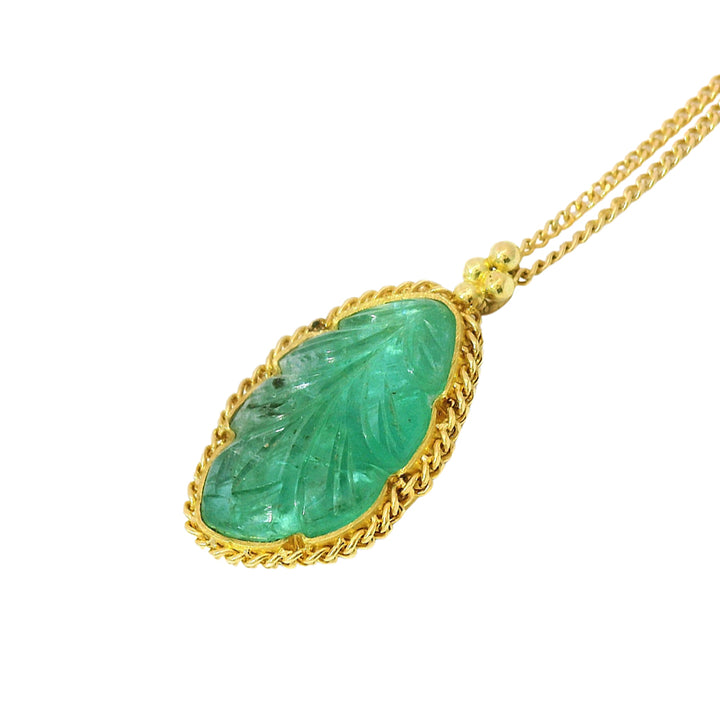 Carved Emerald Leaf & Yellow Gold Necklace - "Persephone's Totem"