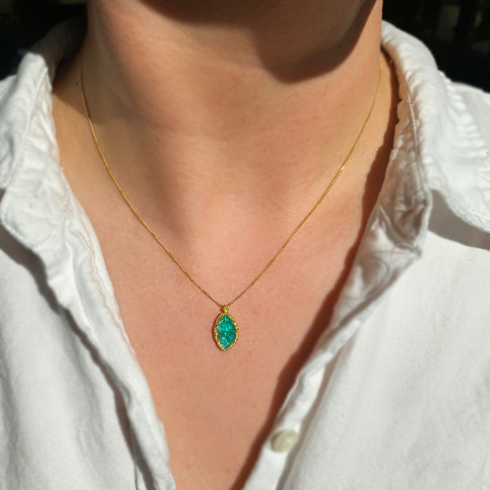 Carved Emerald Leaf & Yellow Gold Necklace - "Persephone's Totem"