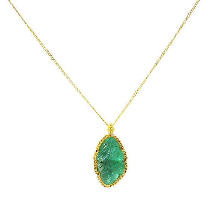 Carved Emerald Leaf & Yellow Gold Necklace - "Persephone's Totem"