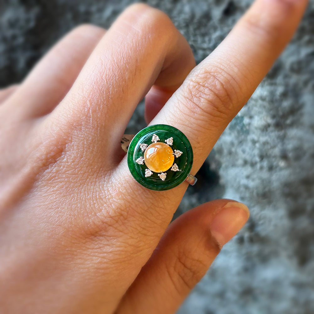 Orange & Green Jade Circle Ring - "Empress's Jewel"