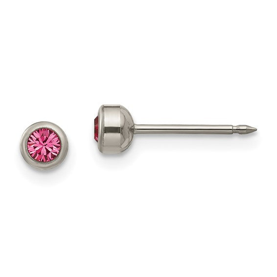 "Big Rose Bezel" Piercing Studs with 4mm Rose Pink Crystals in Titanium