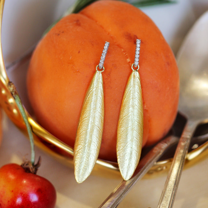 Yellow Gold & Diamond Earrings - "Athena Olive Leaves"