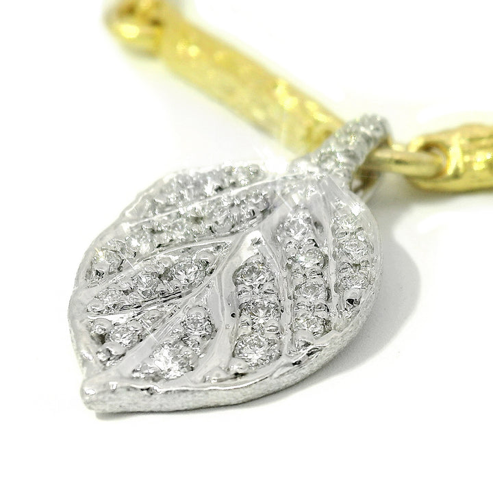Yellow & White Gold Branch Link Bracelet with Diamond Leaf - "Aspen Pavé"