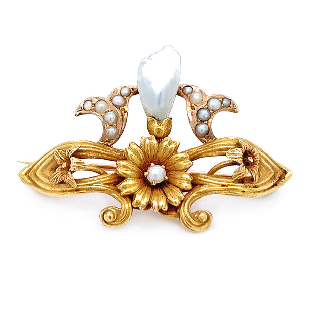 Yellow Gold, Seed & Wing Pearl Brooch - "Snow Flower"