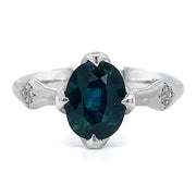 Oval Blue-Green Montana Sapphire & Diamond Engagement Ring - "Rosebud"